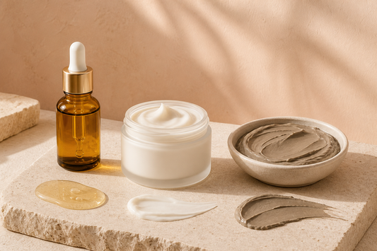 Serum, krem i maska oraz próbki ich konsystencji w ciepłej aranżacji skincare