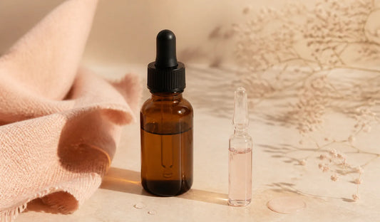 Butelka serum z pipetą i szklana ampułka na jasnym tle
