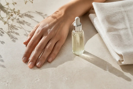 Dłoń obok szklanej butelki serum i białego lnianego ręcznika