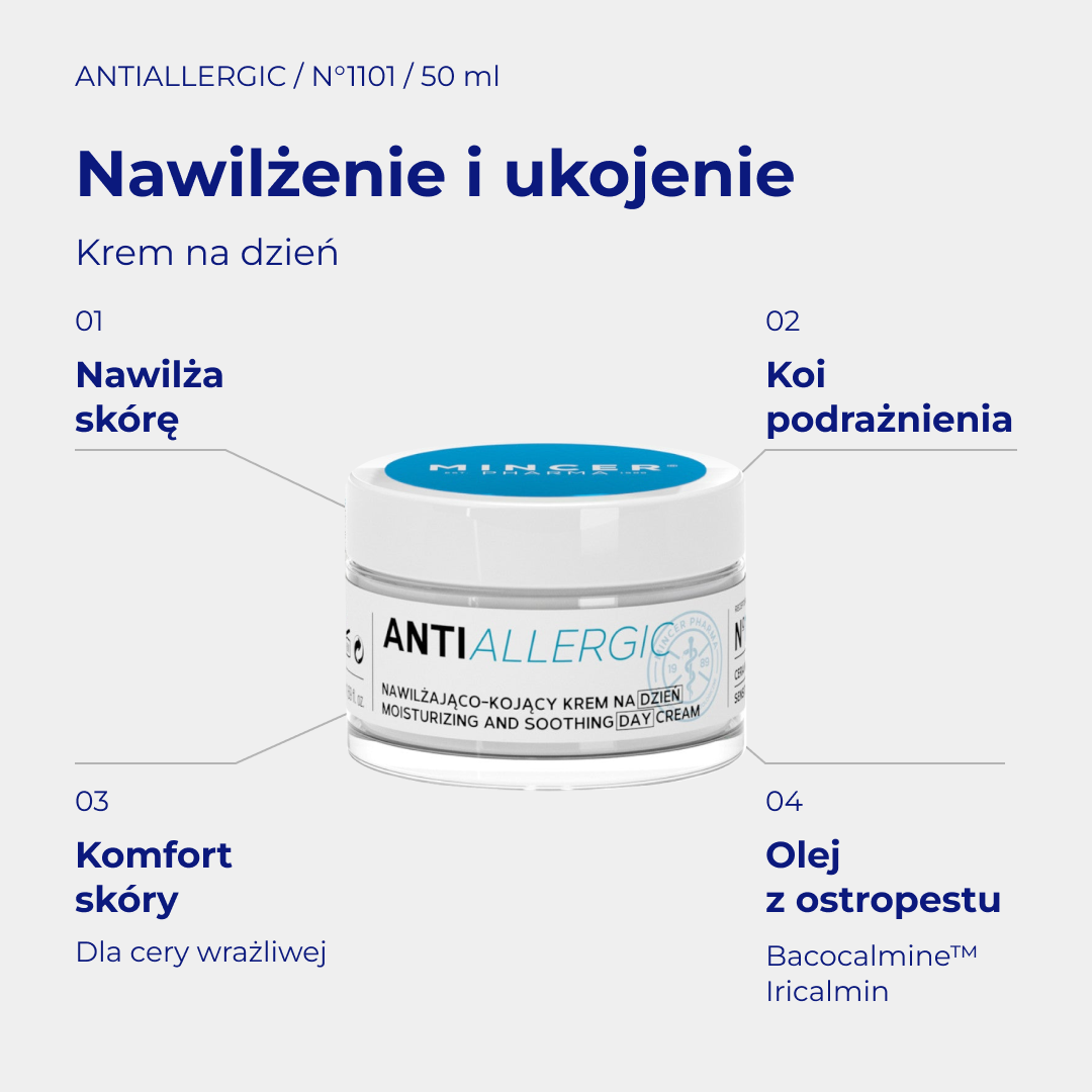 AntiAllergic N1101 - infografika: Nawilżająco-kojący krem na dzień 50ml; działanie i najważniejsze składniki