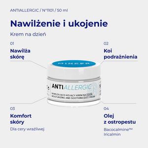 AntiAllergic N1101 - infografika: Nawilżająco-kojący krem na dzień 50ml; działanie i najważniejsze składniki