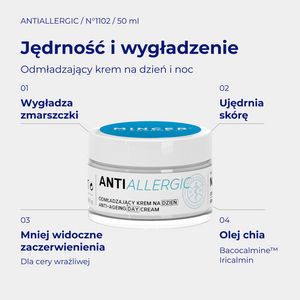 AntiAllergic N1102 - infografika: Odmładzający krem na dzień i na noc 50ml; działanie i najważniejsze składniki