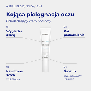 AntiAllergic N1104 - infografika: Odmładzający krem pod oczy 15ml; działanie i najważniejsze składniki