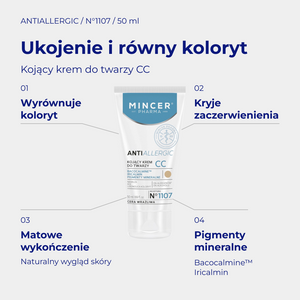 AntiAllergic N1107 - infografika: Kojący krem do twarzy CC 50ml; działanie i najważniejsze składniki
