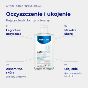 AntiAllergic N1110 - infografika: Kojący olejek do mycia twarzy 150ml; działanie i najważniejsze składniki