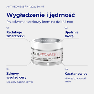AntiRedness N1202 - infografika: Przeciwzmarszczkowy krem na dzień i na noc 50ml; działanie i najważniejsze składniki
