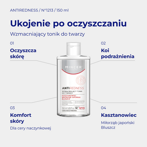 AntiRedness N1213 - infografika: Wzmacniający tonik do twarzy 150ml; działanie i najważniejsze składniki