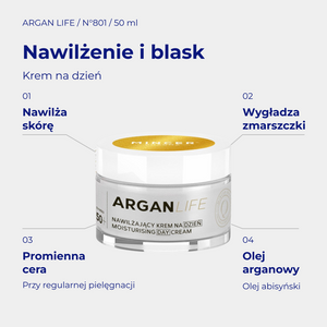 Argan Life N801 - infografika: Nawilżający krem na dzień 50ml; działanie i najważniejsze składniki