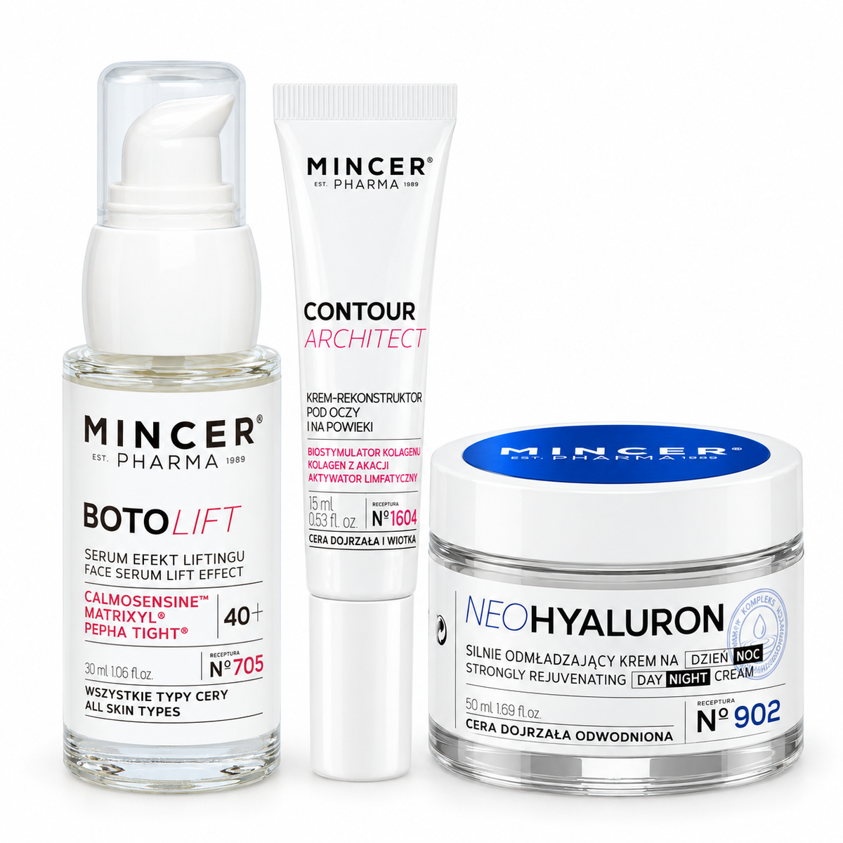 Zestaw AUTUMN LIFT: serum N705 30 ml, krem NeoHyaluron N902 50 ml i krem pod oczy N1604 15 ml na białym tle.