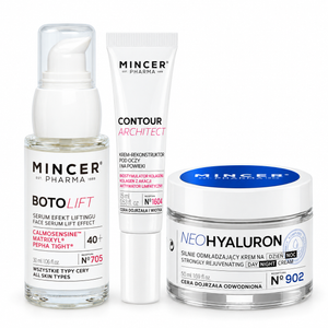 Zestaw AUTUMN LIFT: serum N705 30 ml, krem NeoHyaluron N902 50 ml i krem pod oczy N1604 15 ml na białym tle.