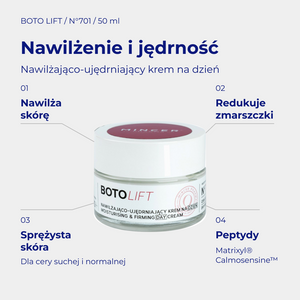 Boto Lift N701 - infografika: Nawilżająco ujędrniający krem do twarzy na dzień 50ml; działanie i najważniejsze składniki