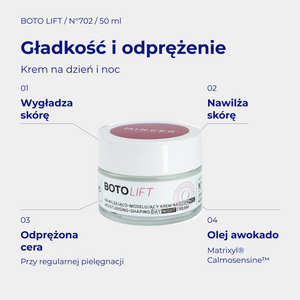 Boto Lift N702 - infografika: Nawilżająco-ujędrniający krem do twarzy na dzień i noc 50ml; działanie i najważniejsze składniki