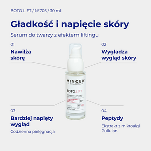 Boto Lift N705 - infografika: Serum do twarzy z efektem liftingu 30 ml; działanie i najważniejsze składniki