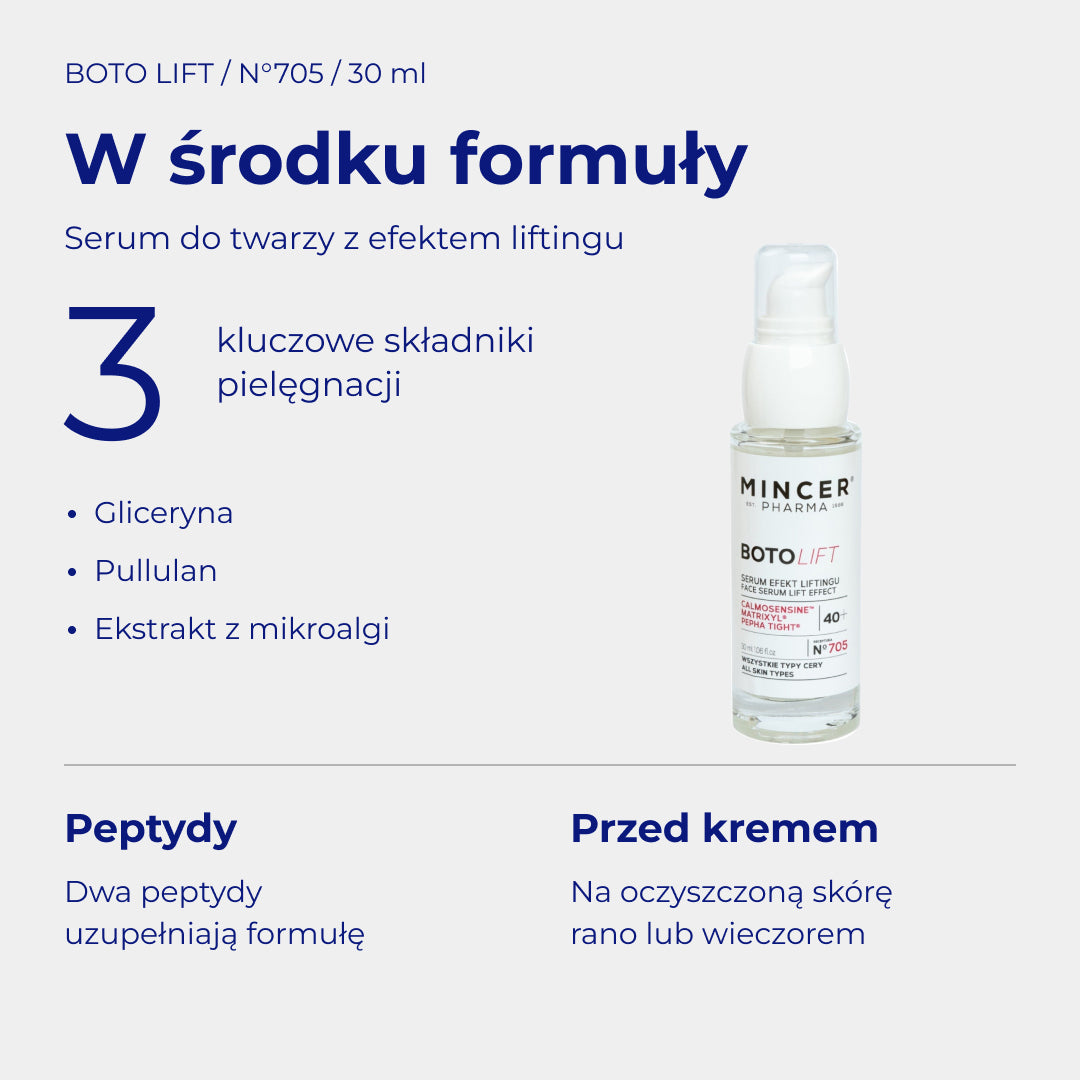 Boto Lift N705 - W środku formuły: składniki i pielęgnacja. Serum do twarzy z efektem liftingu 30 ml