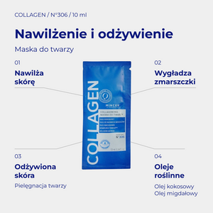 Collagen N306 - infografika: Collagenowa maska do twarzy 10ml; działanie i najważniejsze składniki