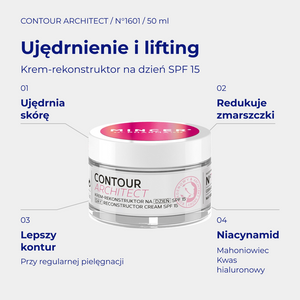 Contour Architect N1601 - infografika: Krem-rekonstruktor na dzień SPF15 50ml; działanie i najważniejsze składniki