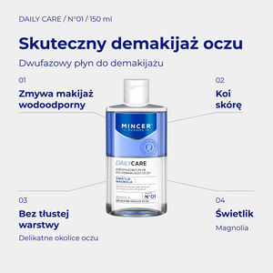 Daily Care N01 - infografika: Dwufazowy płyn do demakijażu oczy 150ml; działanie i najważniejsze składniki
