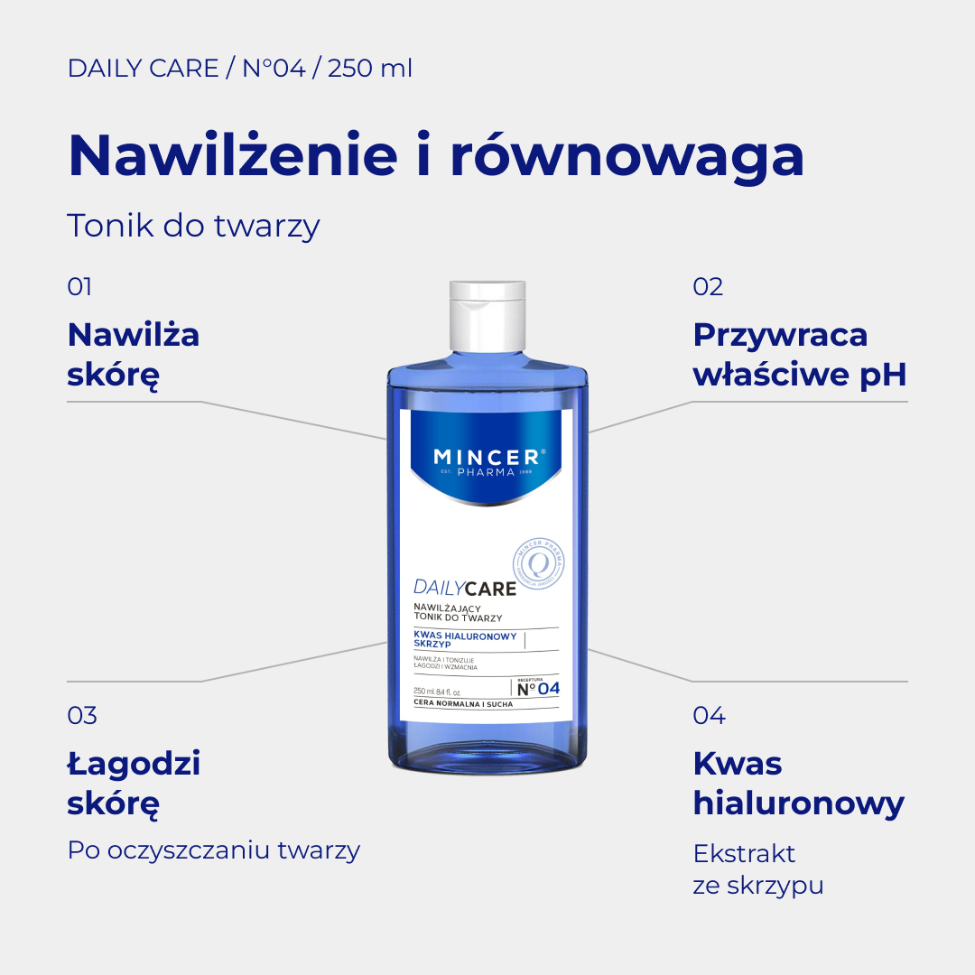 Daily Care N04 - infografika: Nawilżający tonik do twarzy 250 ml; działanie i najważniejsze składniki