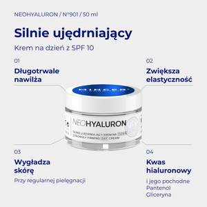 NeoHyaluron N901 - infografika: Silnie ujędrniający krem na dzień SPF10 50ml; działanie i najważniejsze składniki