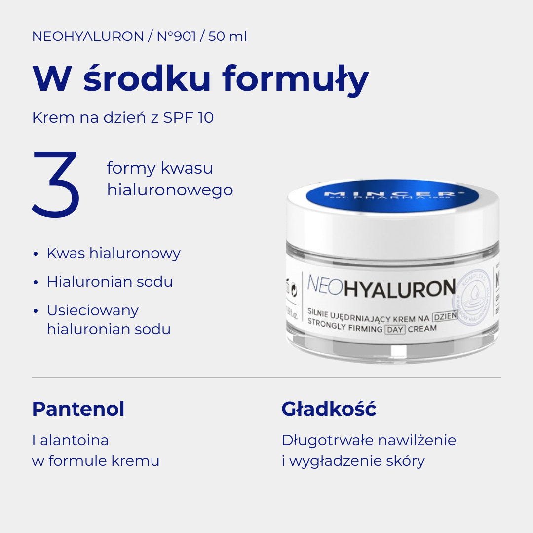 NeoHyaluron N901 - W środku formuły: składniki i pielęgnacja. Silnie ujędrniający krem na dzień SPF10 50ml