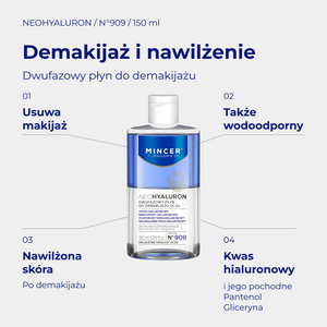 NeoHyaluron N909 - infografika: Dwufazowy płyn do demakijażu 150ml; działanie i najważniejsze składniki