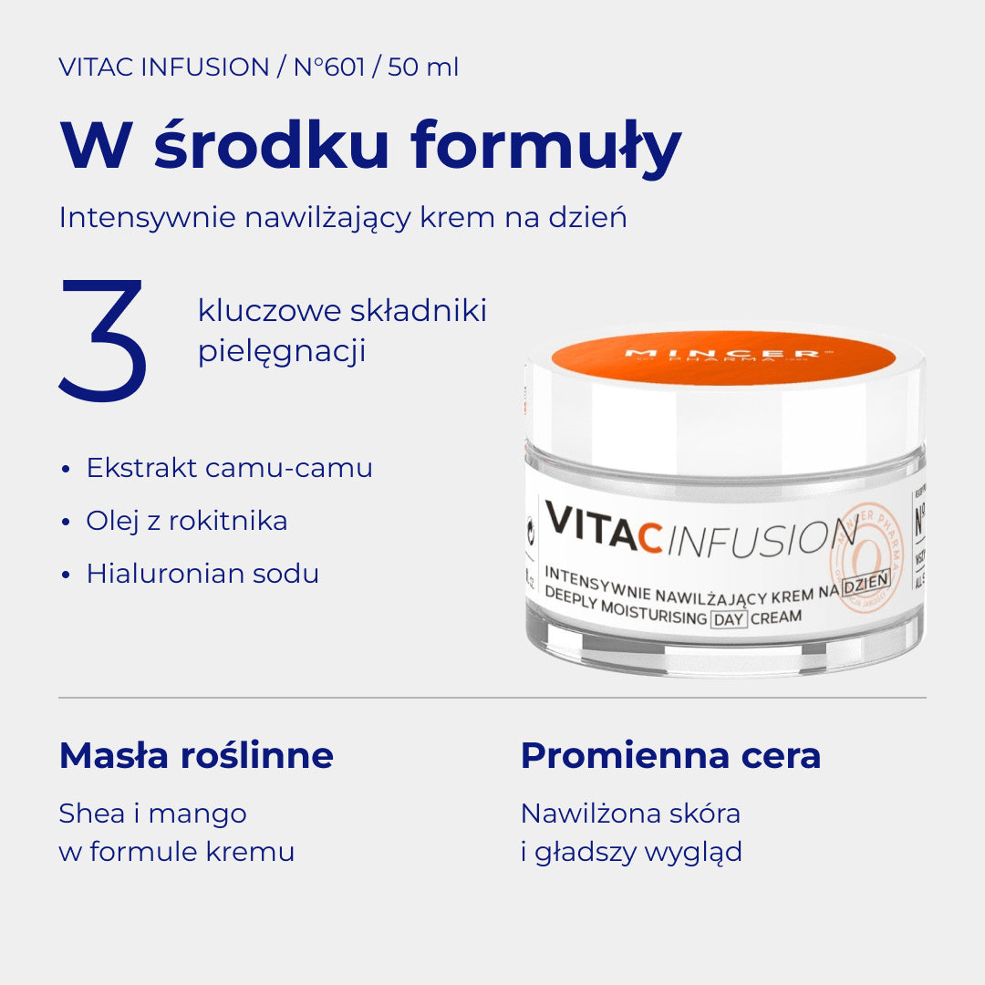 VitaC Infusion N601 - W środku formuły: składniki i pielęgnacja. Intensywnie nawilżający krem na dzień 50ml
