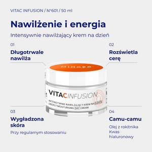 VitaC Infusion N601 - infografika: Intensywnie nawilżający krem na dzień 50ml; działanie i najważniejsze składniki