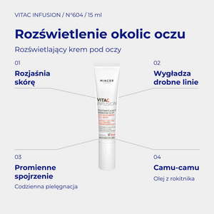 VitaC Infusion N604 - infografika: Rozświetlający krem pod oczy 15ml; działanie i najważniejsze składniki
