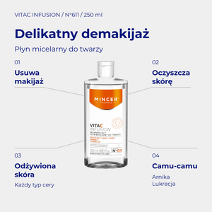 VitaC Infusion N611 - infografika: Płyn micelarny z witaminą C VitaC Infusion 250 ml; działanie i najważniejsze składniki