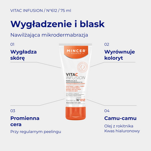 VitaC Infusion N612 - infografika: Nawilżająca mikrodermabrazja 75ml; działanie i najważniejsze składniki
