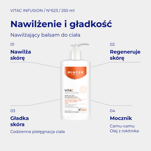 VitaC Infusion N623 - infografika: Nawilżający balsam do ciała 250ml; działanie i najważniejsze składniki