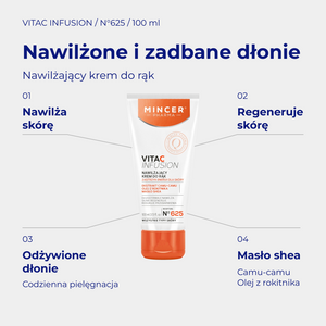 VitaC Infusion N625 - infografika: Nawilżający krem do rąk 100ml; działanie i najważniejsze składniki