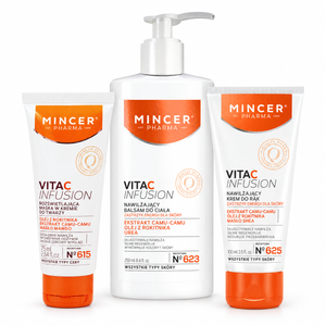Zestaw VITAMIN C COZY CARE: maska N615 75 ml, krem do rąk N625 100 ml i balsam do ciała N623 250 ml na białym tle.