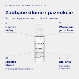 Vitamins Philosophy N1026 - infografika: Wzmacniające serum do dłoni i paznokci 30ml; działanie i najważniejsze składniki